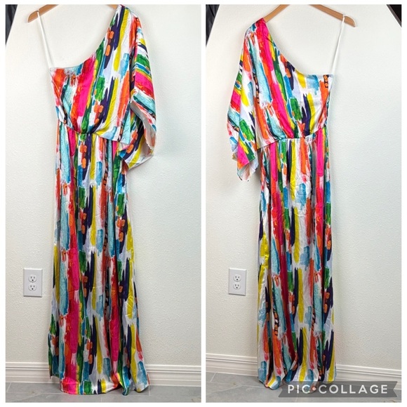 Judith March silky one shoulder colorful maxi dress with side slit, EUC! - Picture 4 of 10